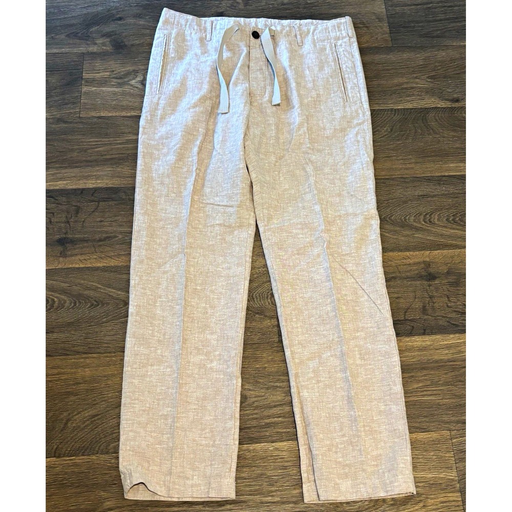 Perry Ellis Men's Beige Linen Cotton Drawstring Pants 32W Straight Flat Front